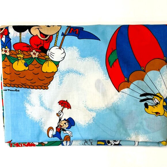 Vintage Disney Twin Bed Sheet Mickey Air Mobile and Friends Sky Scene - Picture 2 of 2
